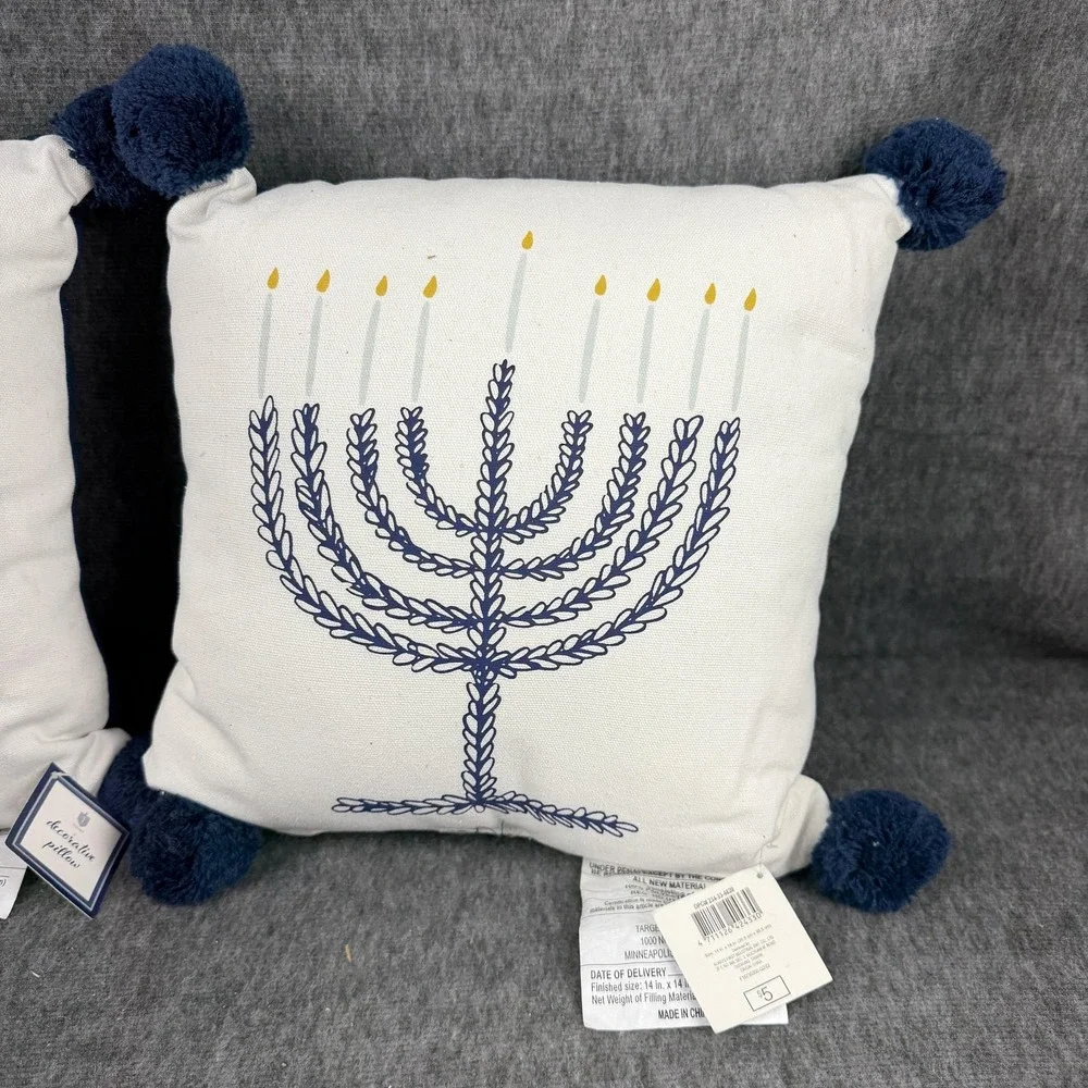 Target Decorative Pillow Menorah Hanukkah Blue 14x14 Cotton Embroidered